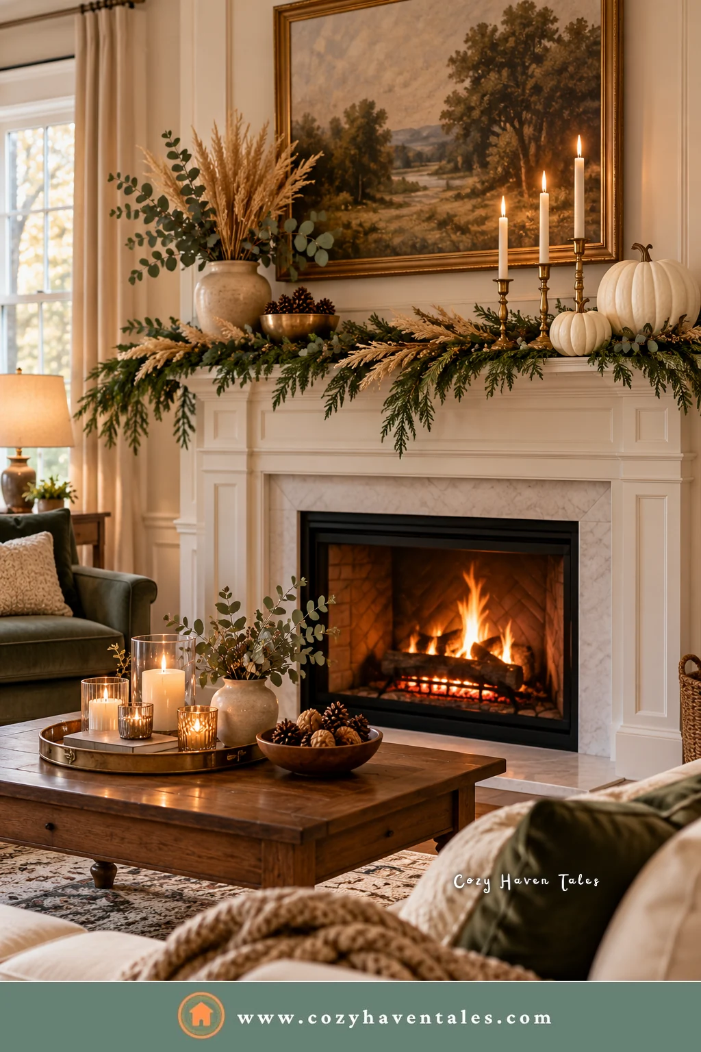 Mantel with white pumpkins, dried wheat, a greenery garland, and brass candlesticks, Thanksgiving decoration ideas that carry into Christmas