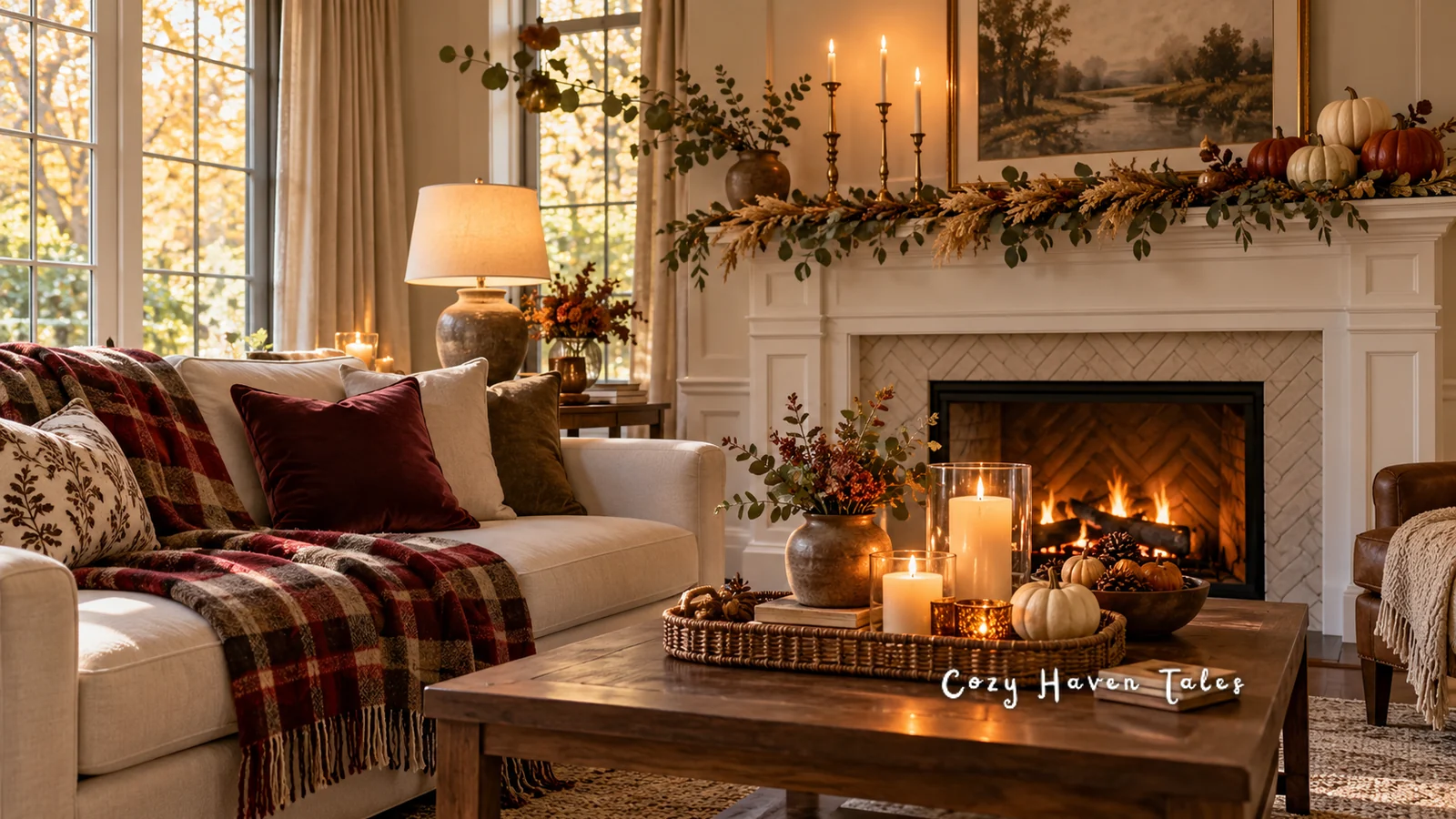 Cozy living room set for Thanksgiving with a wheat and greenery garland on the mantel, white and rust pumpkins, taper candles, and a plaid throw