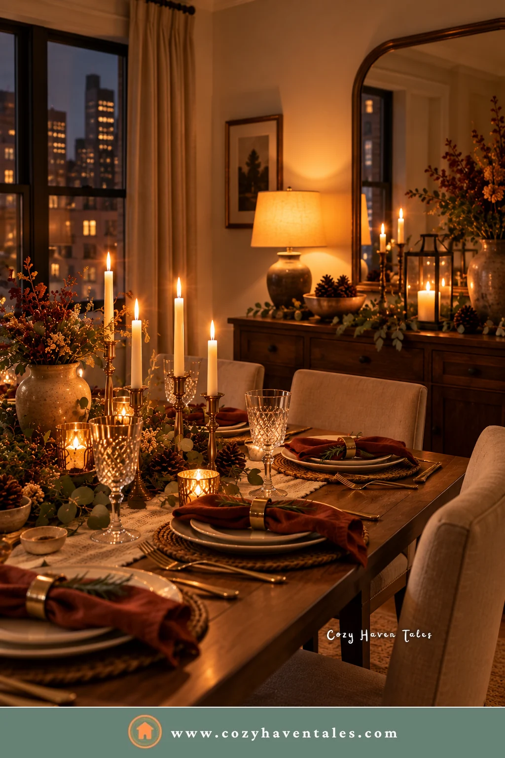 Candlelit dining room with taper candles, lanterns, and a glowing table lamp by a city window, cozy Thanksgiving decoration ideas for evening