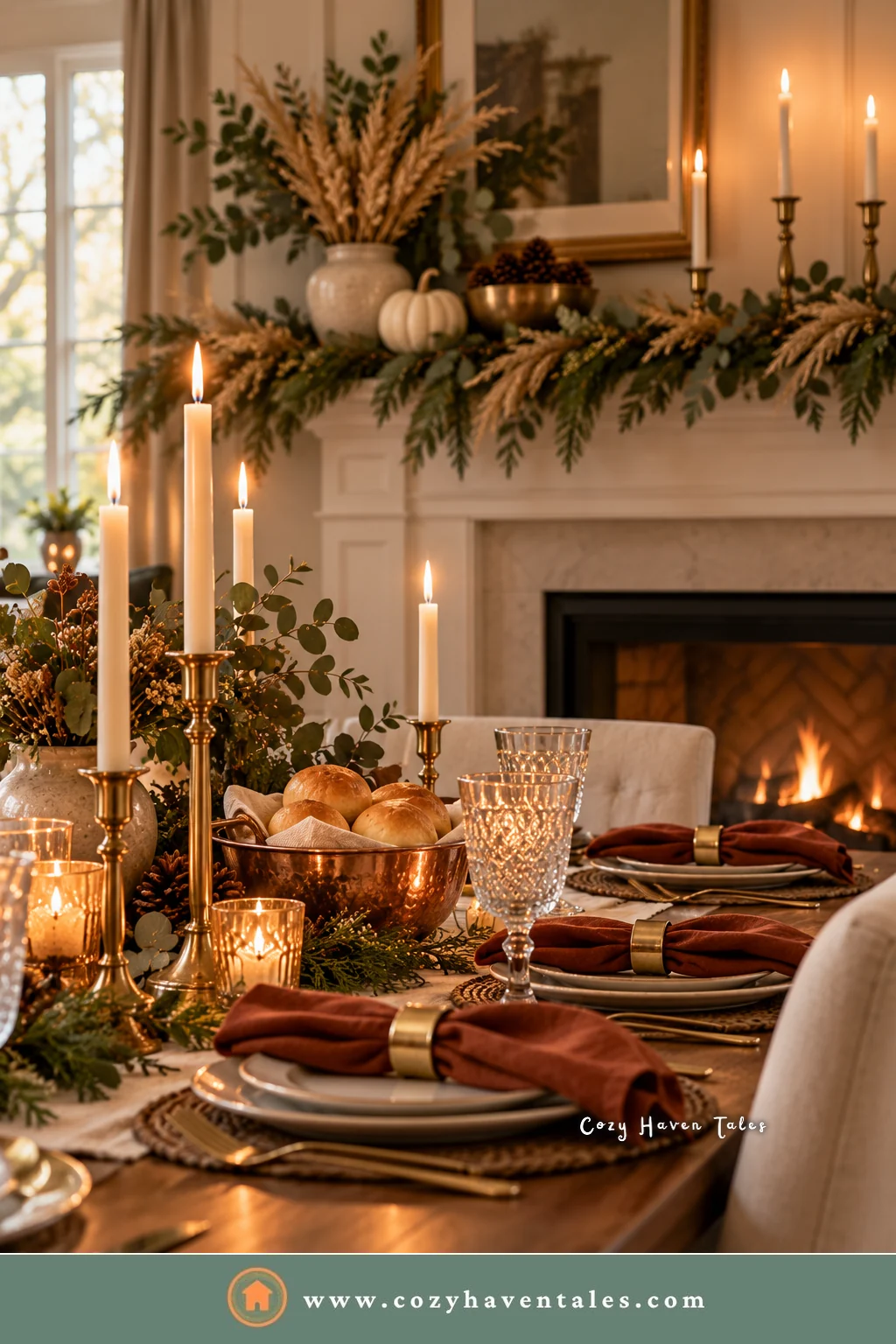 Thanksgiving table with a copper bowl of rolls, brass candlesticks, gold napkin rings, and rust linen napkins, Thanksgiving decoration ideas with metallic warmth