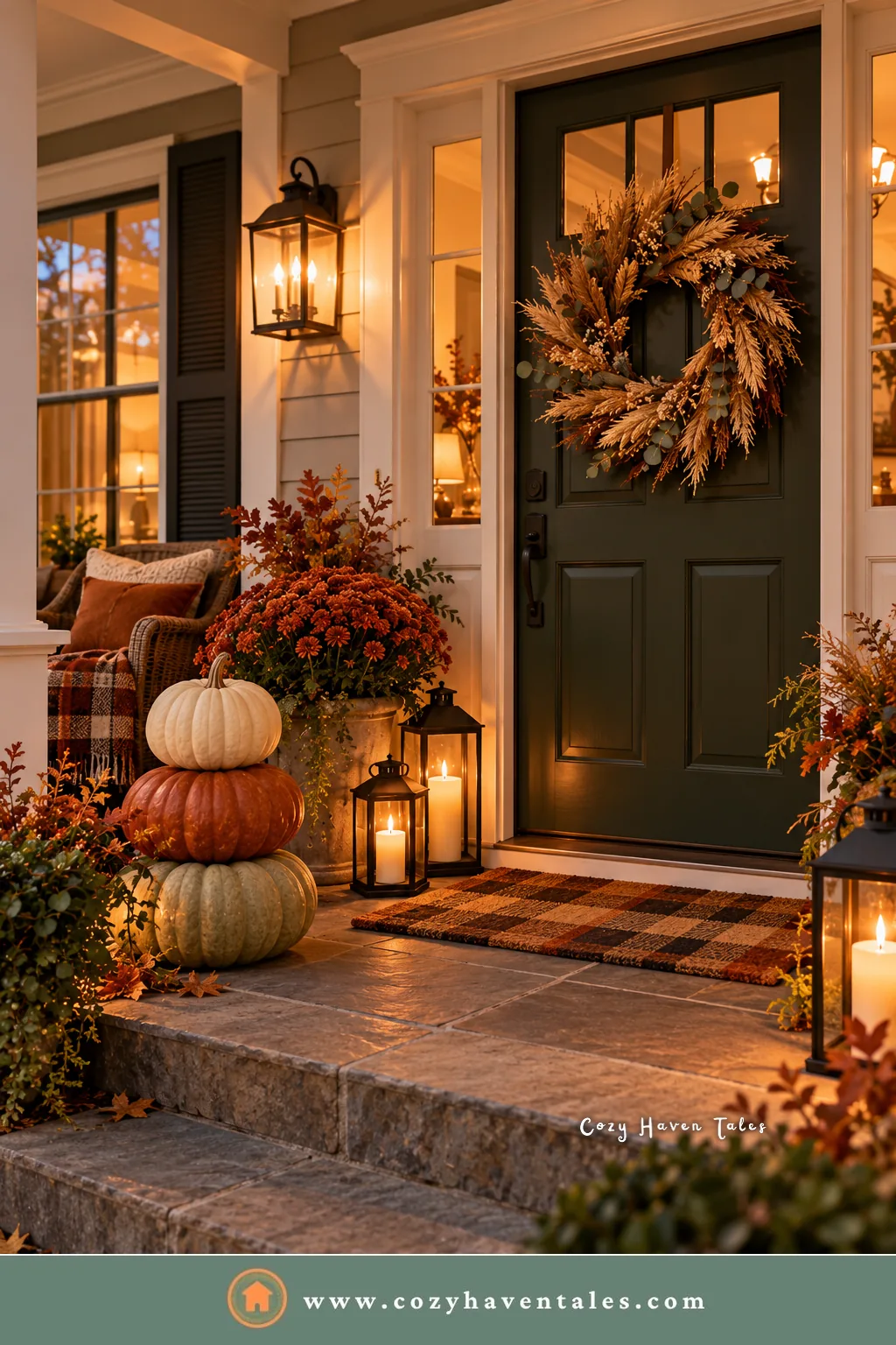 Front porch with a green door, a dried wheat wreath, stacked pumpkins, a plaid doormat, and lanterns, simple Thanksgiving decoration ideas for the entry