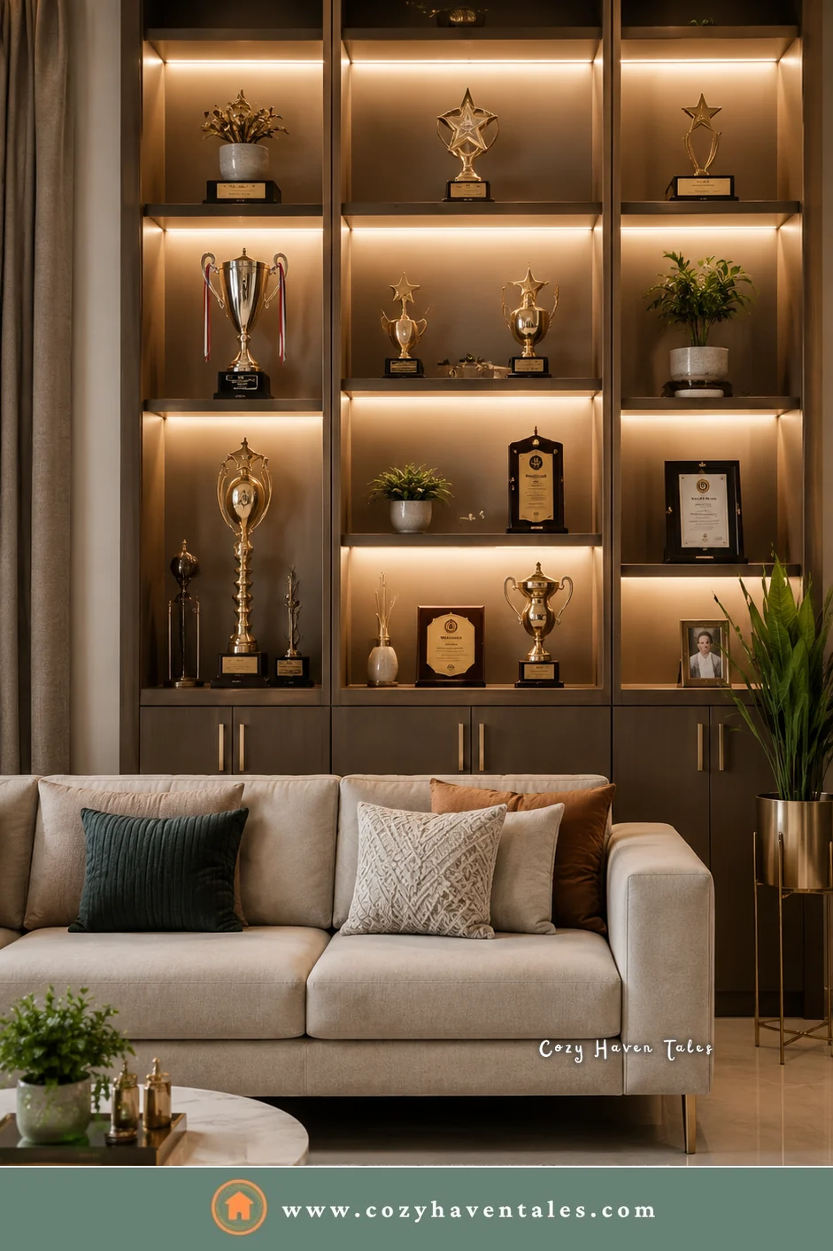 Taupe built-in trophy shelf with warm backlit cubbies and closed cabinets behind a cream sofa