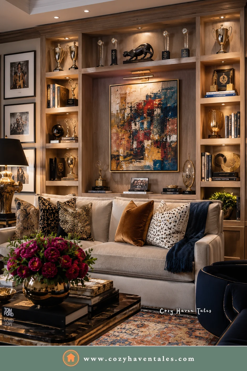 Built-in shelves framing an abstract painting, with trophies and books in the side bays
