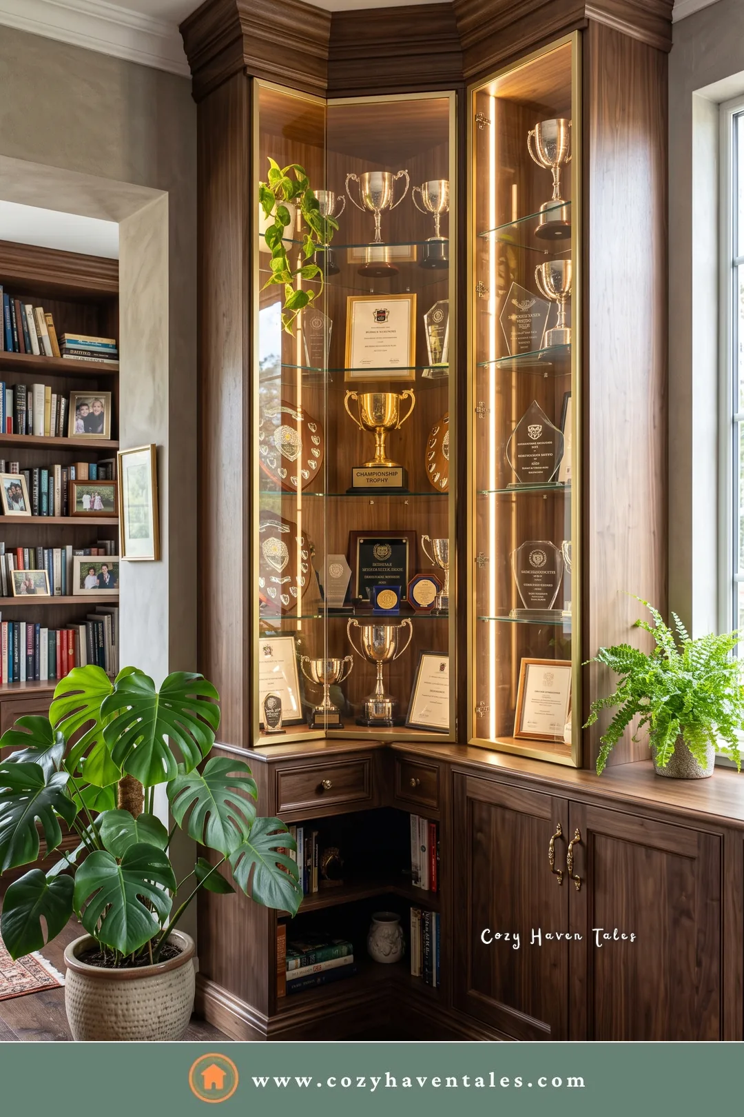L-shaped walnut corner trophy shelf with glass doors, lit edges, and cabinets below