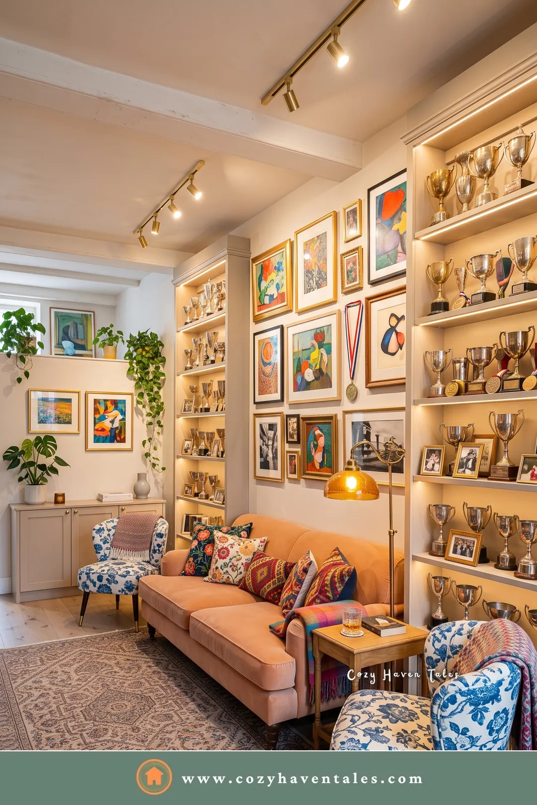 Cream wall shelves lined with trophies and medals beside framed art under track lights