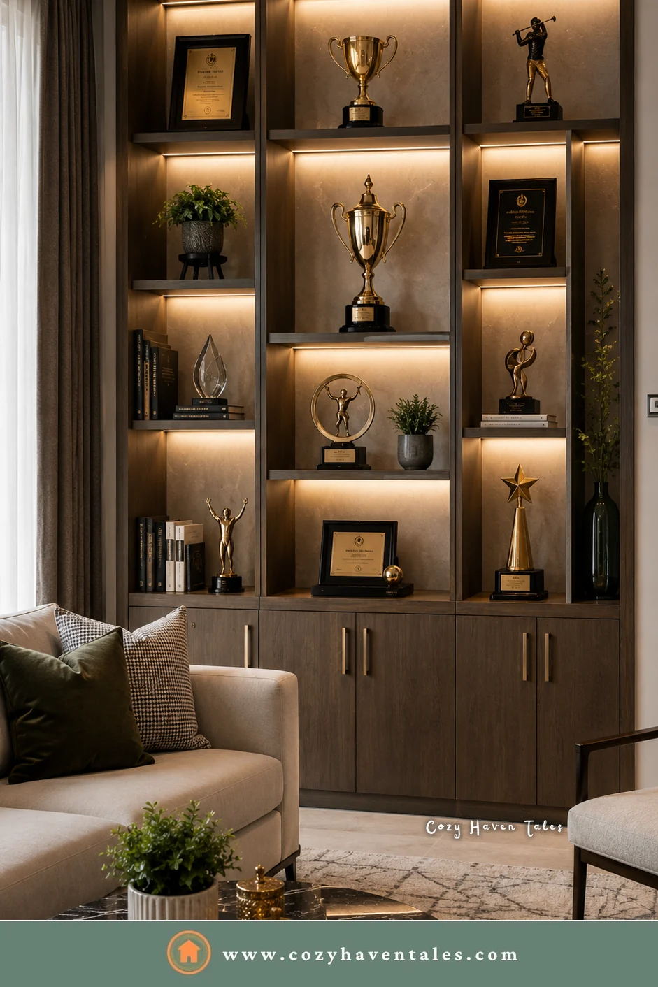 Dark oak built-in shelves with lit niches holding gold trophies, plaques, and books
