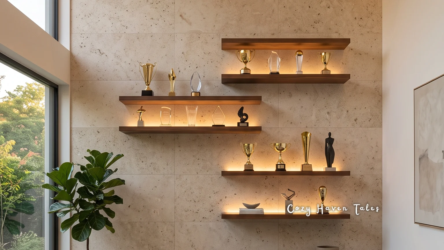 Staggered walnut floating trophy shelf with warm under-lighting on a travertine living room wall