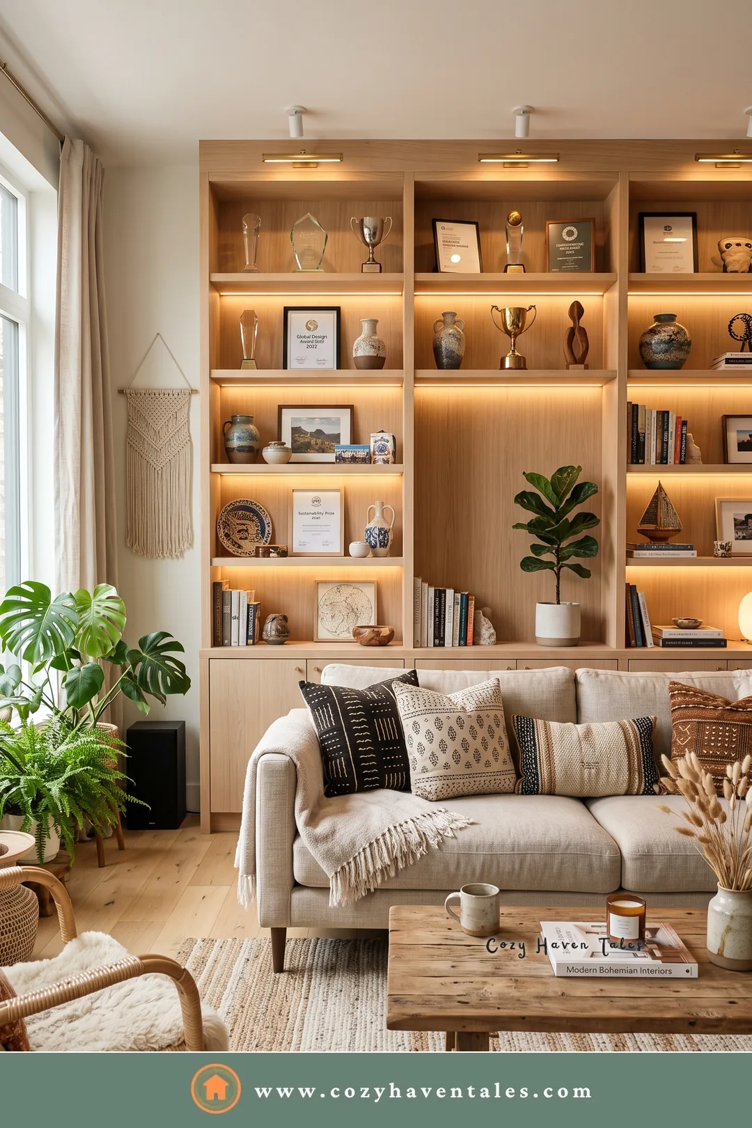 Light oak trophy shelf wall behind a cream sofa, mixing awards with pottery and books