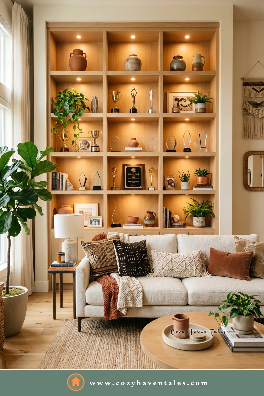 Oak grid shelves with terracotta pots, small trophies, and plaques above a white sofa