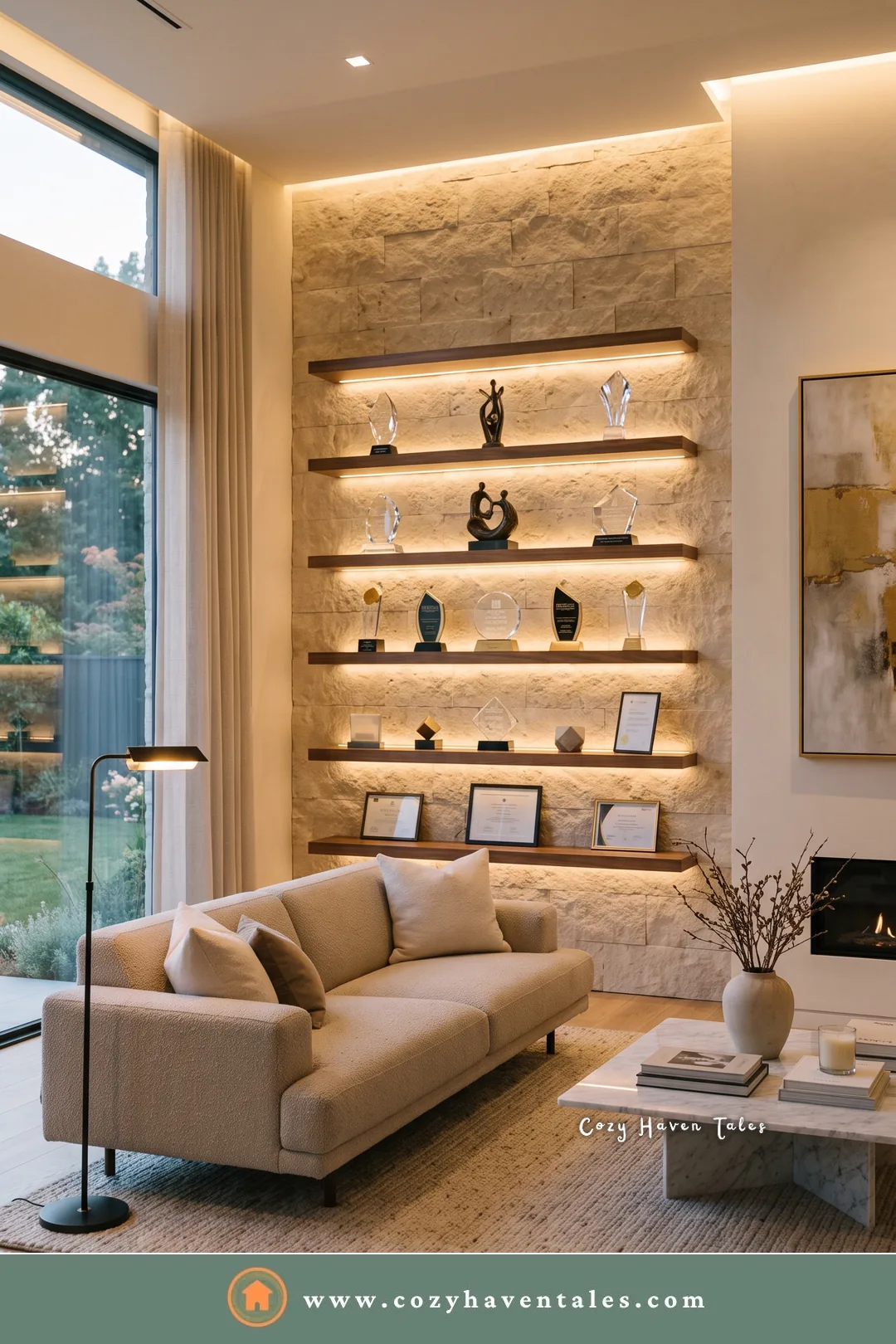 Stacked dark floating shelves with crystal awards and sculptures on a stone wall