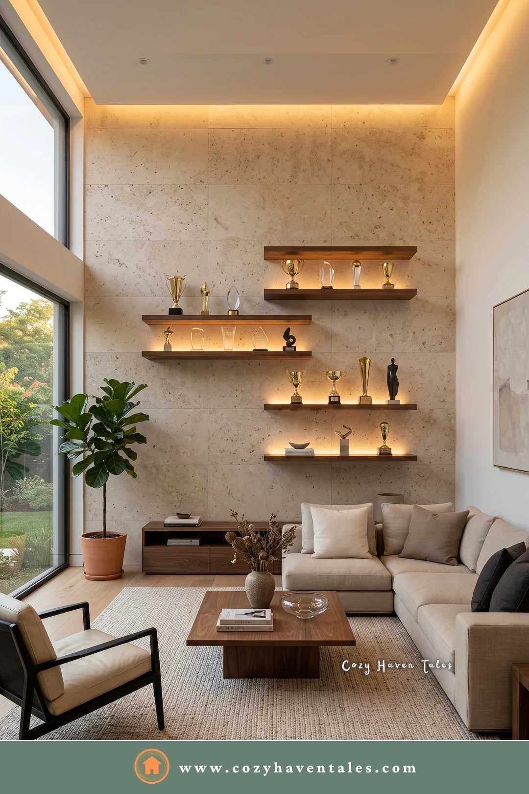 Staggered walnut floating trophy shelf with warm under-lighting on a travertine wall