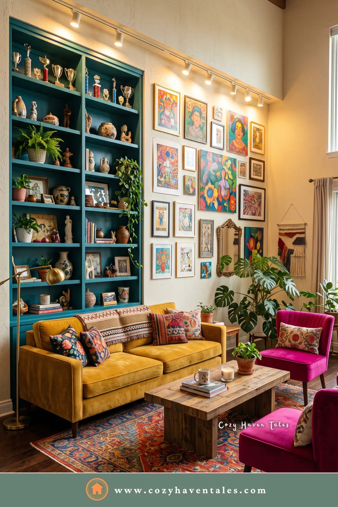 Teal built-in trophy shelf beside a gallery wall, with a mustard sofa and pink chairs