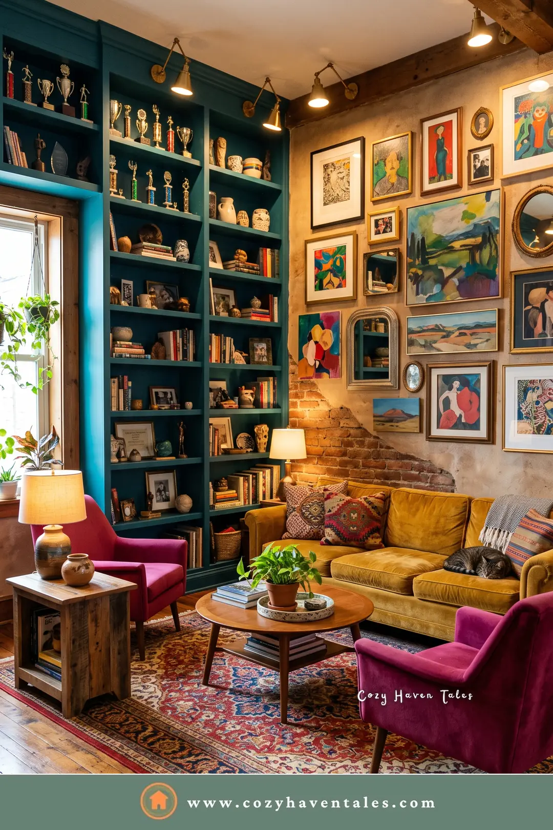 Floor-to-ceiling teal shelves with cups and books next to a brick wall of art