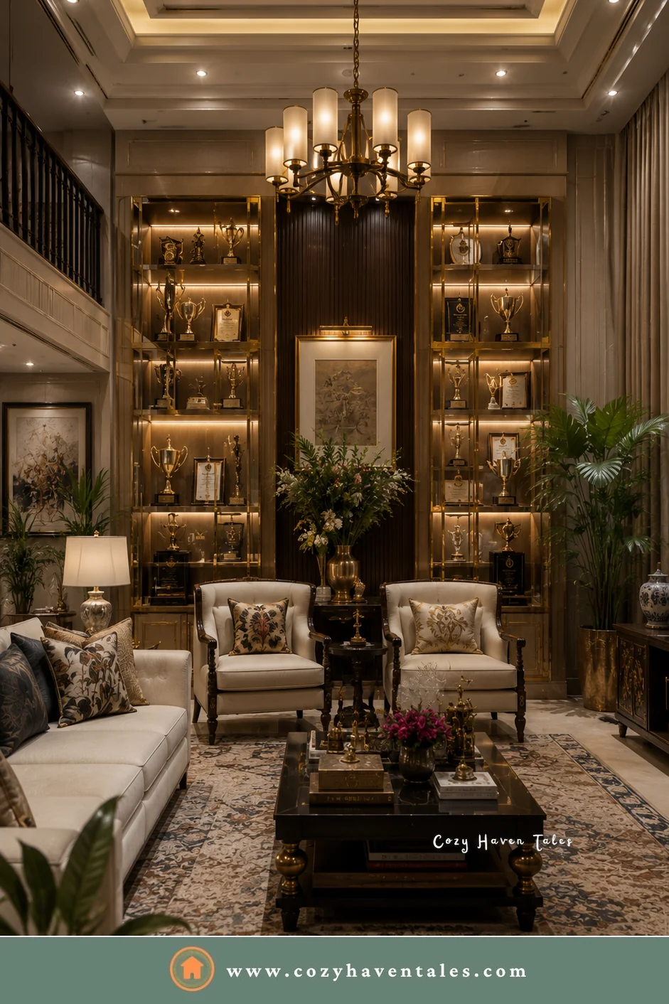 Two lit glass trophy cabinets flanking framed art in a tall living room with a chandelier