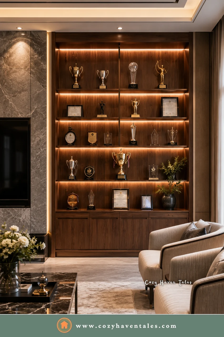 Walnut trophy shelf wall unit with amber strip lights next to a TV on a marble wall