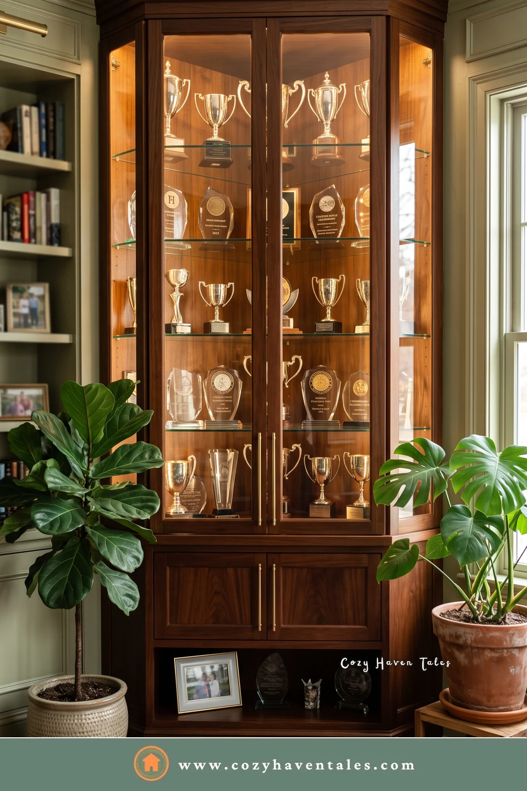 Tall walnut corner cabinet with glass doors full of silver cups and plates
