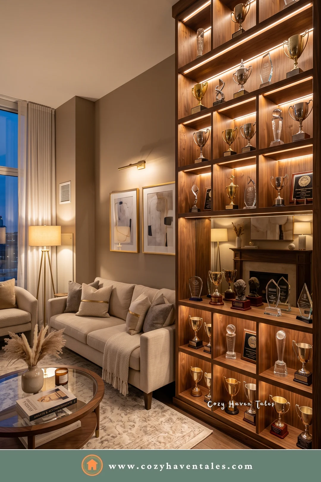 Open-back walnut trophy shelf divider standing beside a sofa, with a fireplace behind