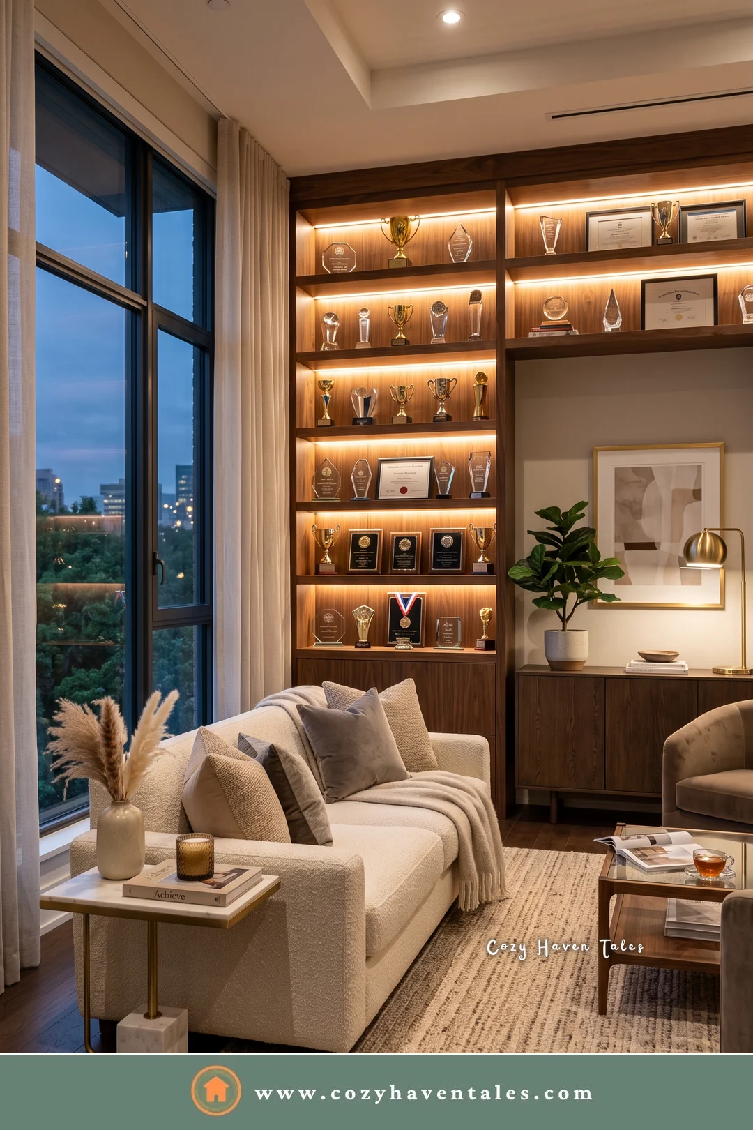 Backlit walnut trophy shelf wall wrapping a niche behind a cream sofa