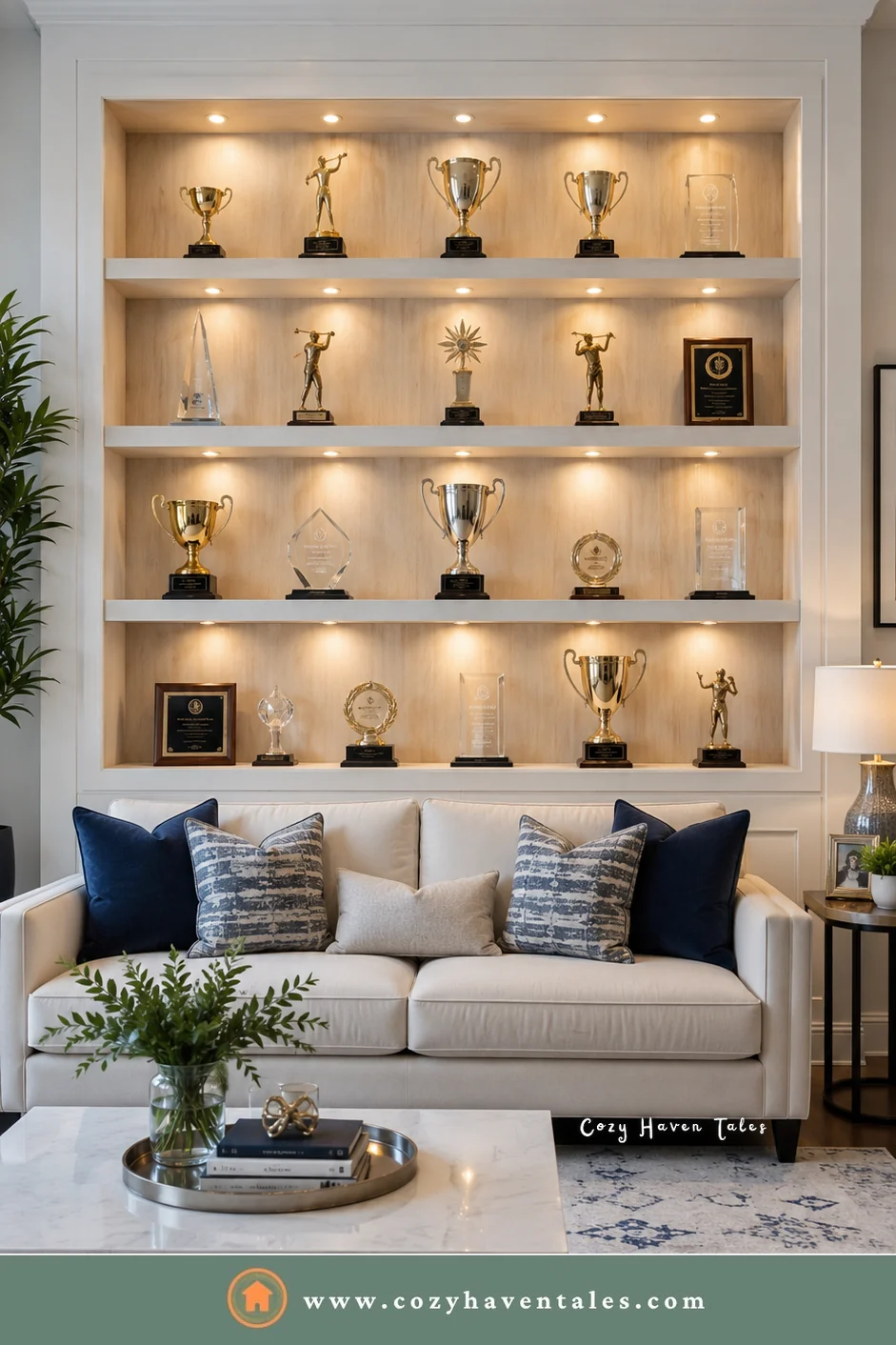 White recessed trophy shelf niche with warm lights above a white sofa with navy pillows