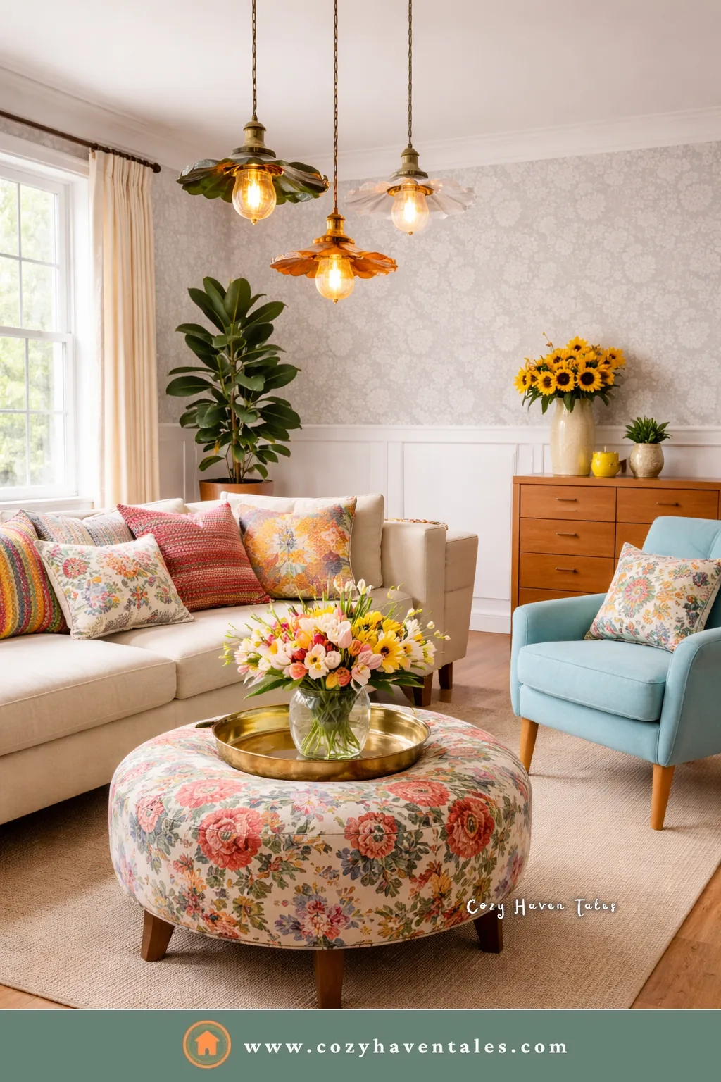 Beige living room with brass pendant lights, a brass tray on a floral ottoman, and a cream sofa with colorful pillows