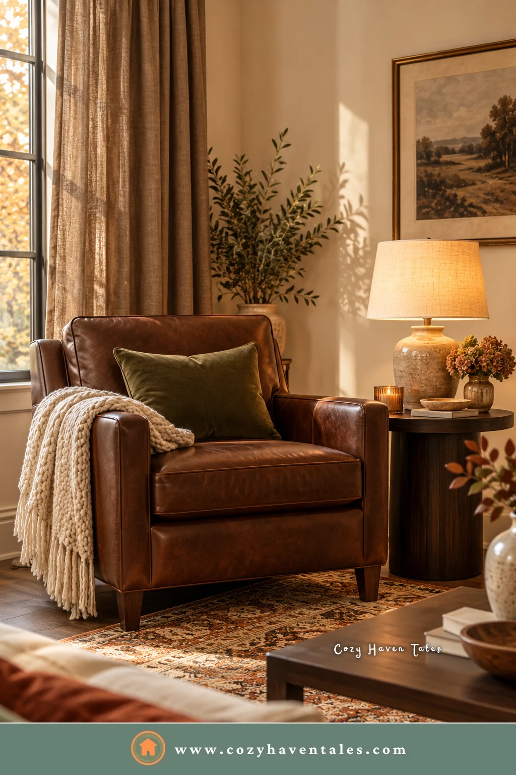 Beige living room corner with a chocolate brown leather armchair, a cream knit throw, and a warm table lamp