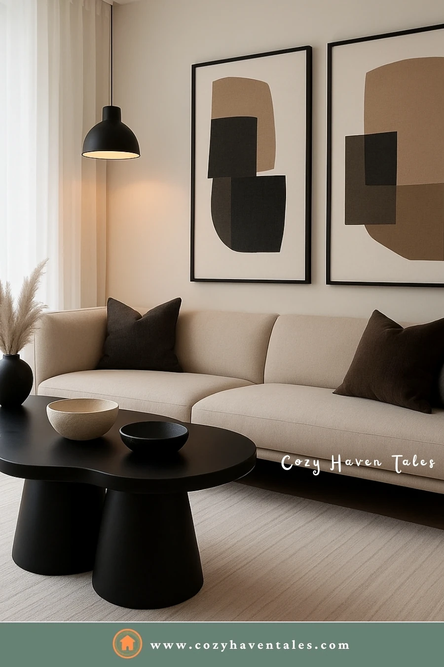 Cream sofa with a black coffee table and brown and black abstract art, dark accents giving a neutral room depth