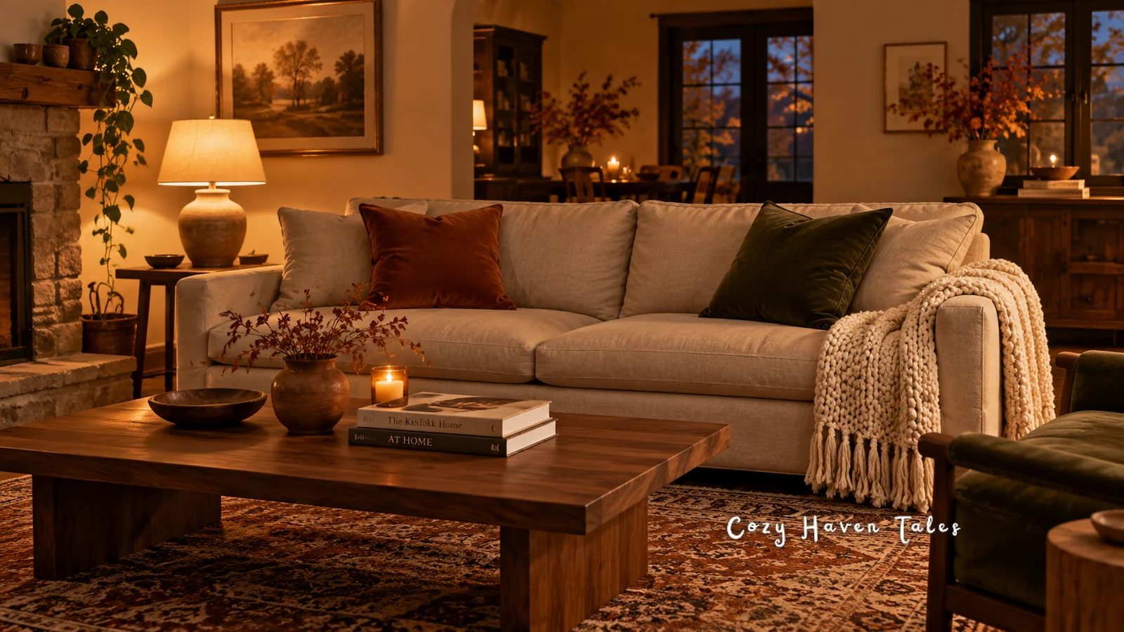 Beige sofa layered with rust and olive pillows, a chunky knit throw, a walnut coffee table, and a glowing table lamp at dusk