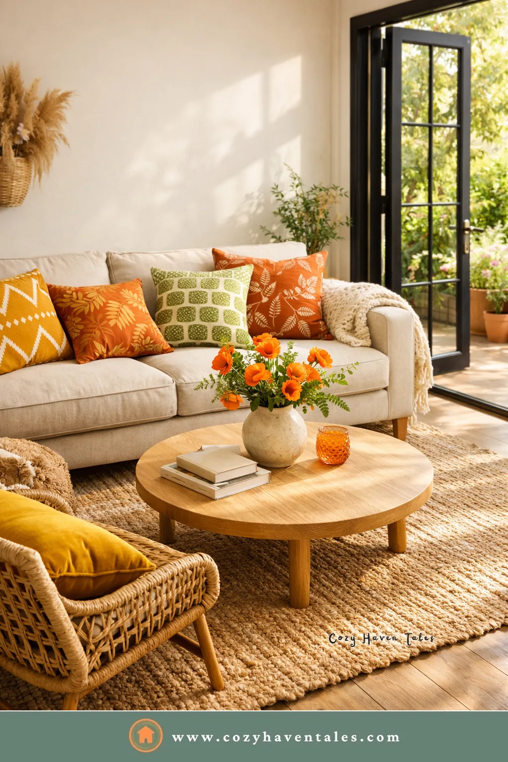Cream sofa with orange and green pillows, a round oak coffee table, and a chunky jute rug grounding a beige living room
