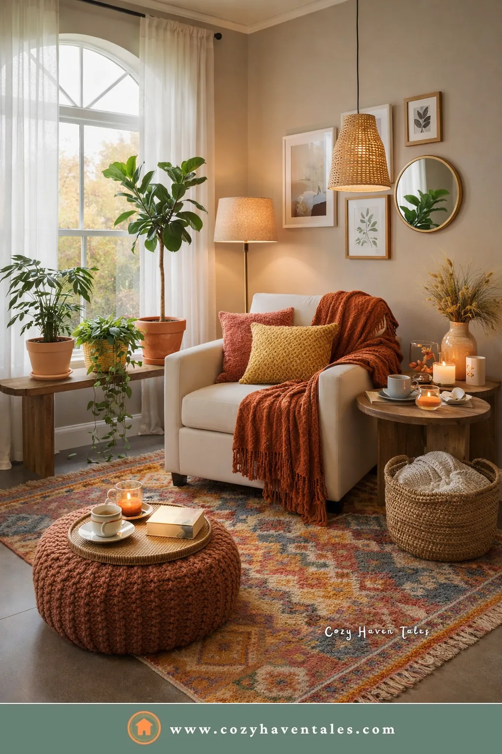 Cream armchair with a rust throw lit by a floor lamp, candles, and a woven pendant, warm lamplight for a beige living room
