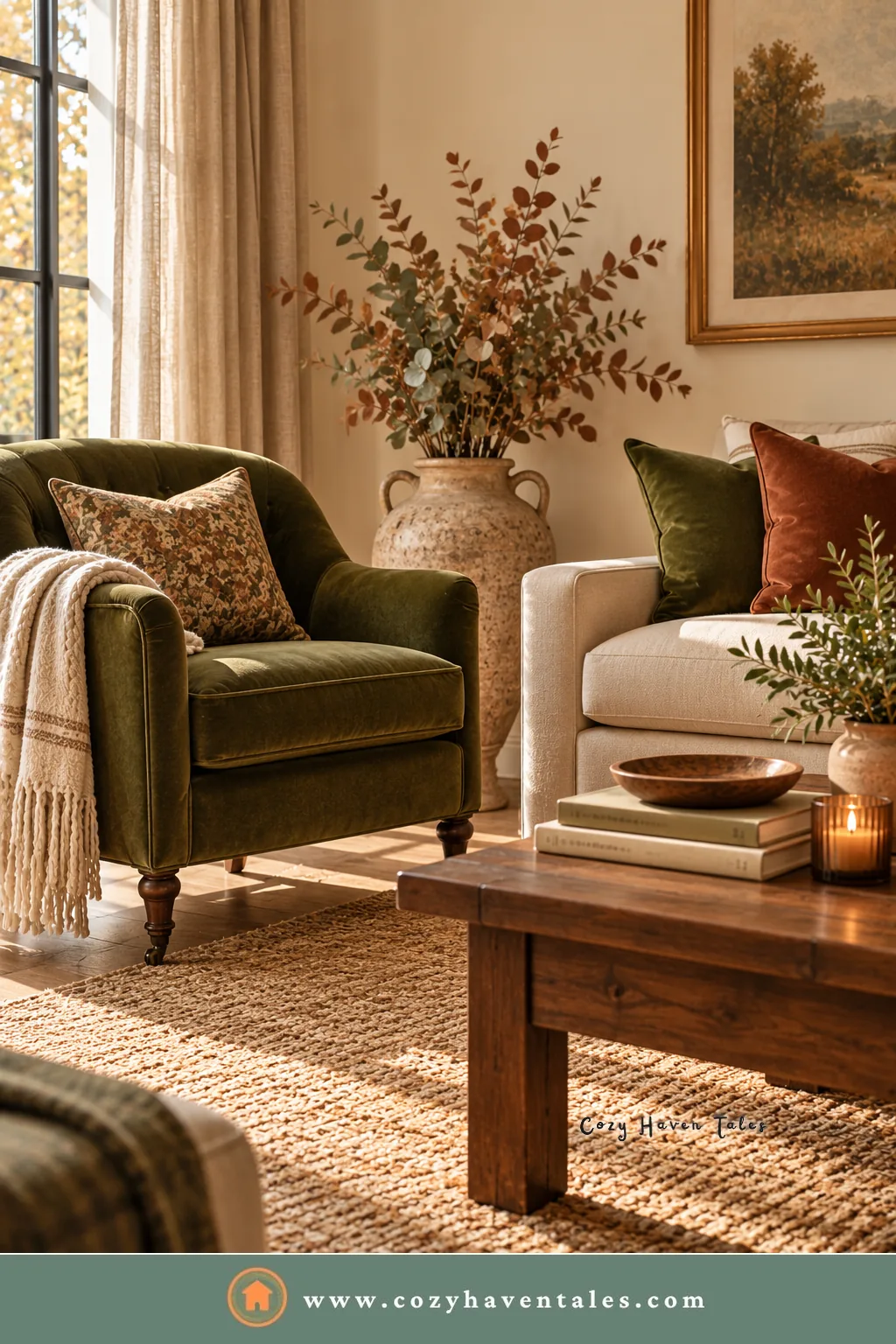 Beige living room with an olive green velvet armchair, rust and green pillows, and a wood coffee table on a jute rug