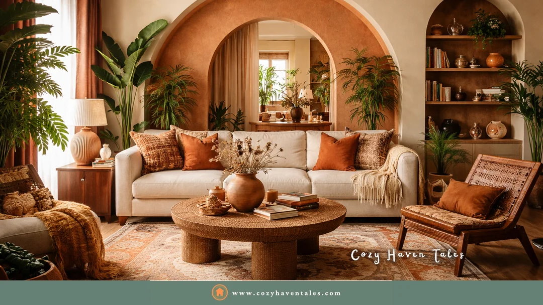 Beige living room with a cream sofa, rust and burnt orange velvet pillows, a terracotta arch, and a round woven coffee table