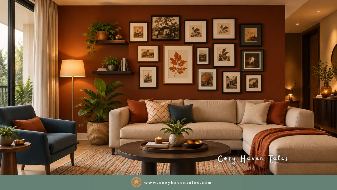 Beige sectional against a terracotta gallery wall with a rust throw, a navy armchair, and a dark wood coffee table