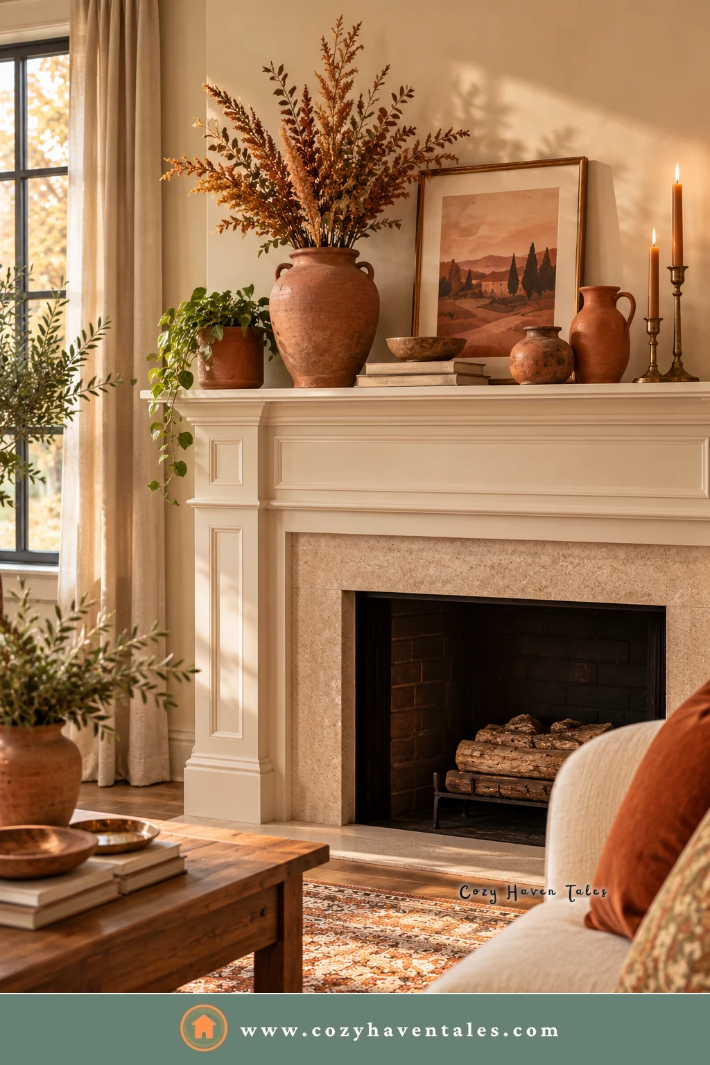 Terracotta vases and pottery on a cream fireplace mantel with dried autumn branches and a landscape painting