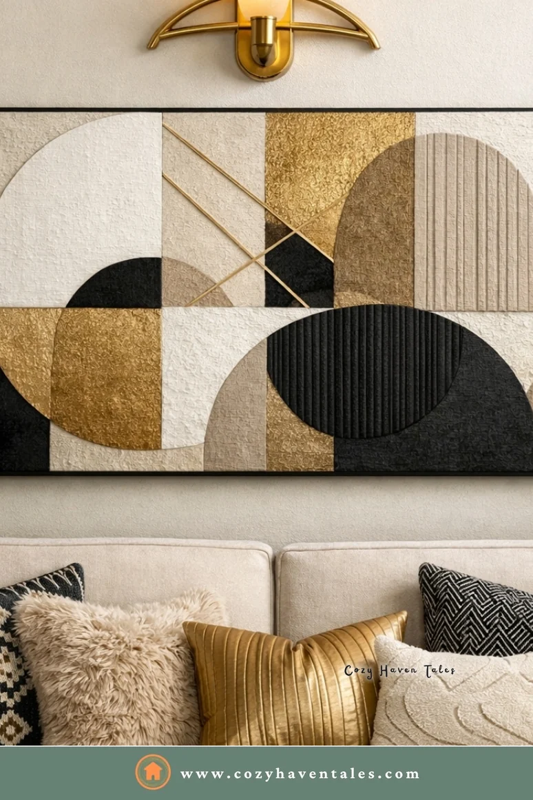 Cream sofa with boucle, faux fur, gold satin, and woven pillows under textured abstract art, adding depth to a beige living room