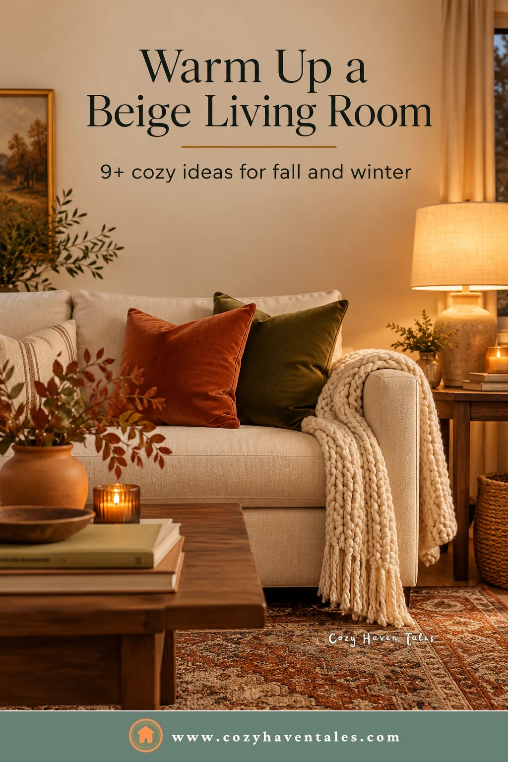 Warm up a beige living room title image with a cream sofa, rust and olive pillows, a knit throw, and glowing lamps