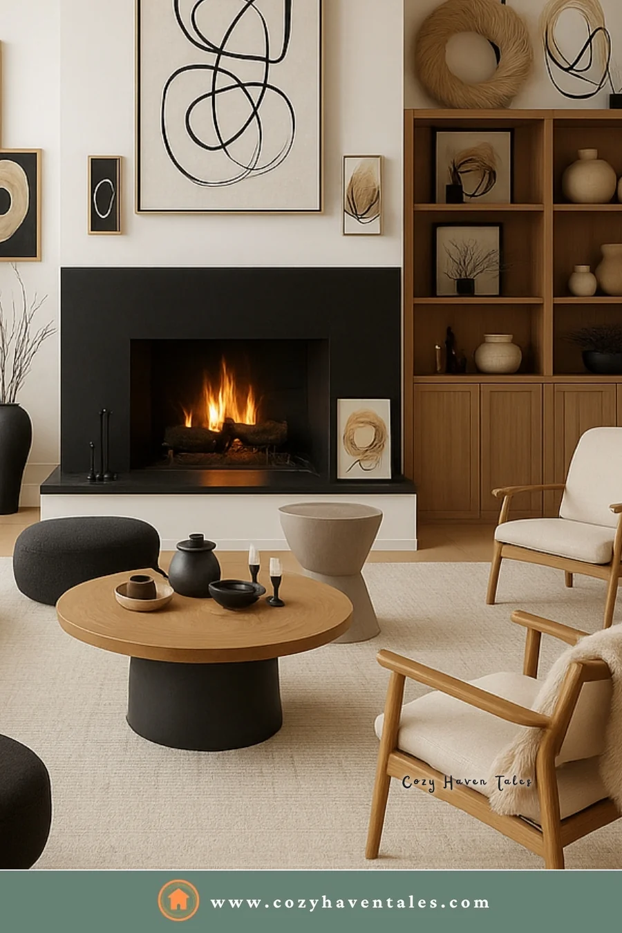 Warm oak shelving with pottery beside a black fireplace, cream chairs, and a round wood coffee table in a neutral room