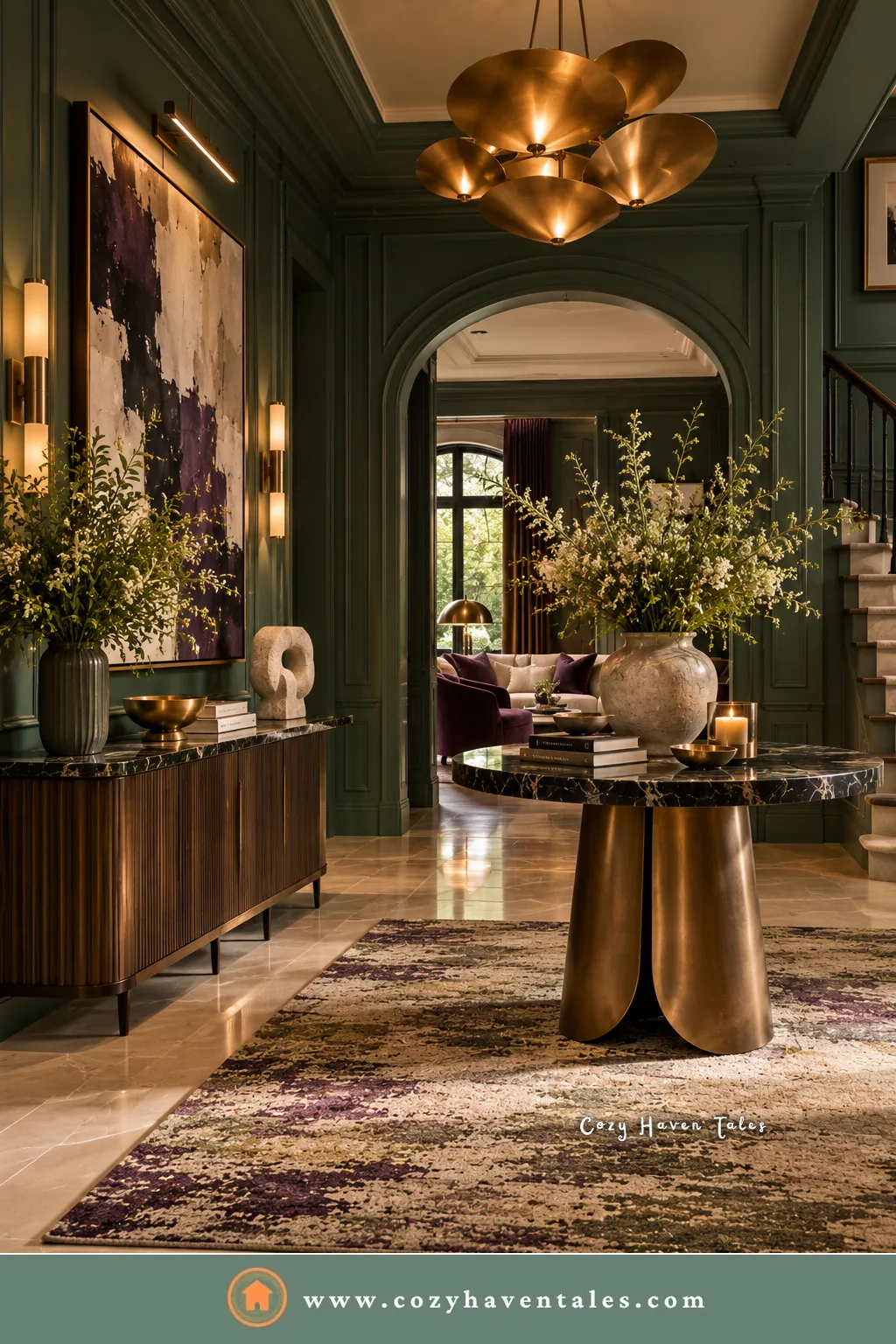 Deep green paneled foyer with a brass chandelier, a walnut console, and a round wood table, finishes that go with Webster Green
