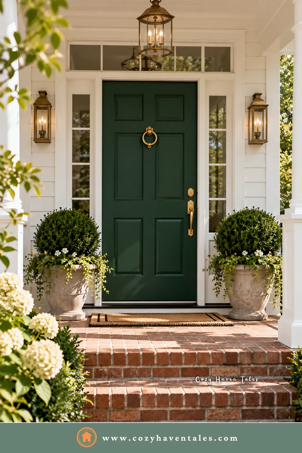 Deep green front door with brass hardware, lanterns, and potted boxwoods on a brick stoop