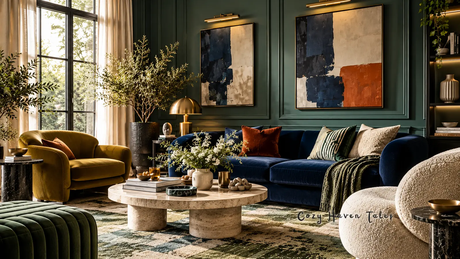 Moody living room with deep green walls, green velvet sofas, brass lamps, and warm evening light