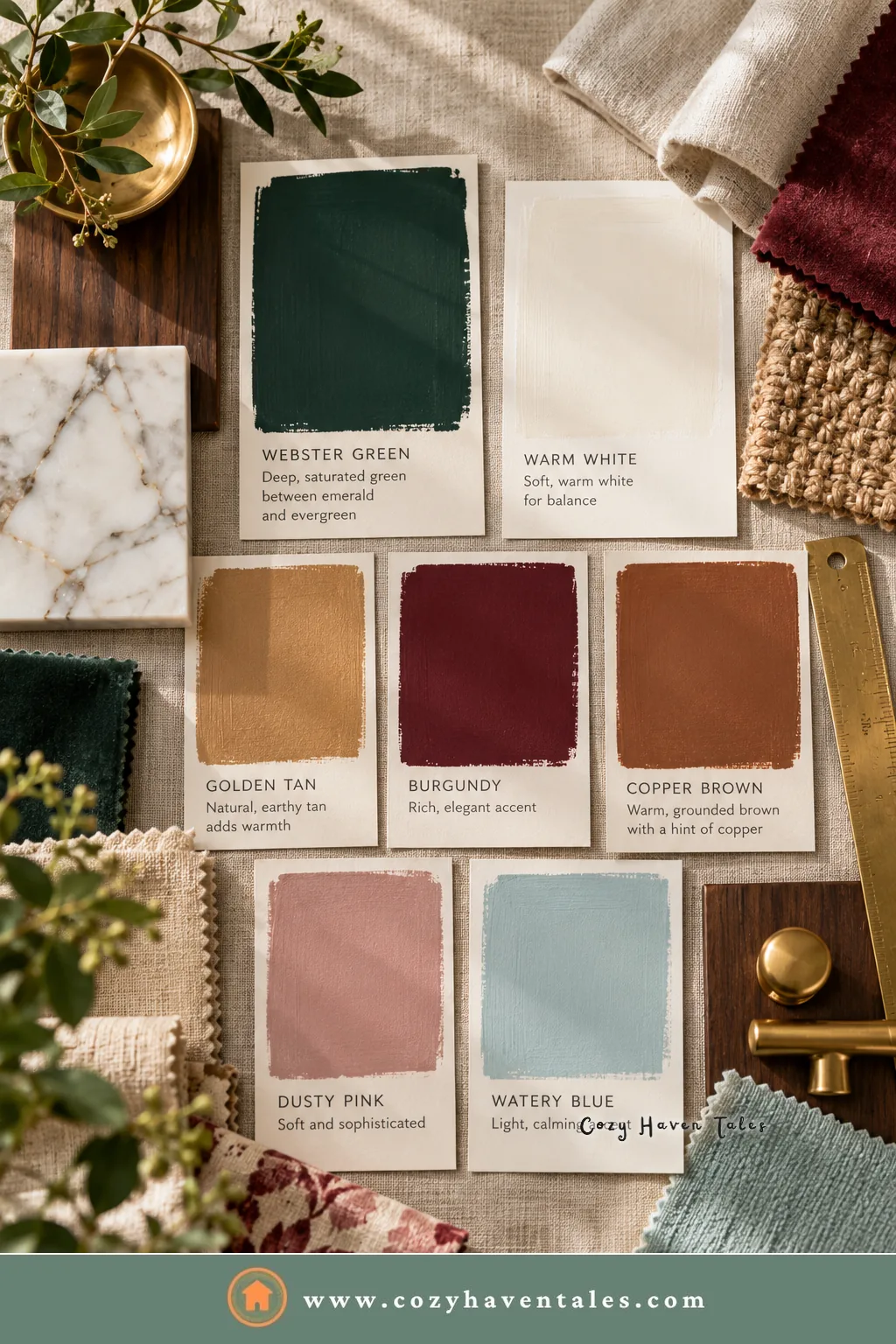 Colors that go with Webster Green: a moodboard with warm white, golden tan, burgundy, copper brown, dusty pink, and pale blue swatches beside fabric and marble