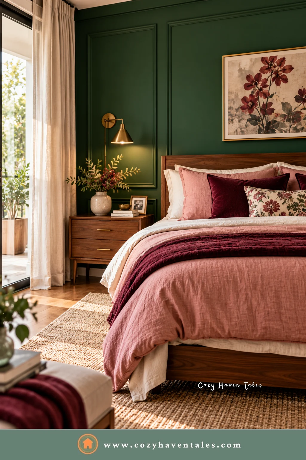 Pink and burgundy bedding against deep green paneled walls with brass sconces, accent colors that go with Webster Green