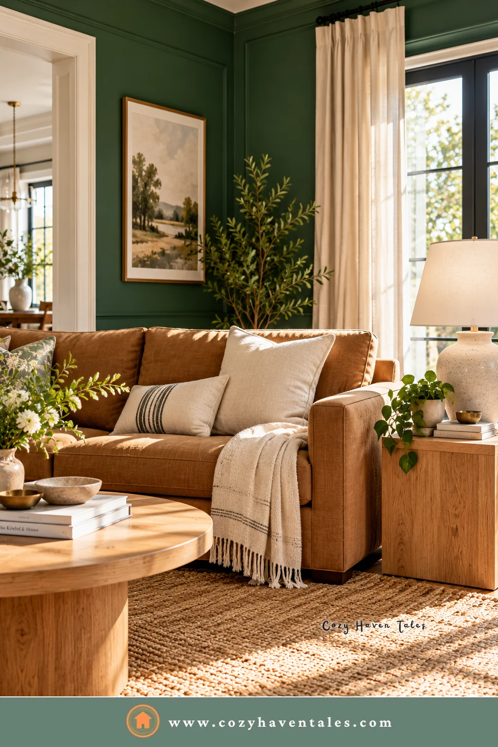Deep green walls with a tan leather sofa, cream throws, and a round wood coffee table, warm neutrals and colors that go with Webster Green