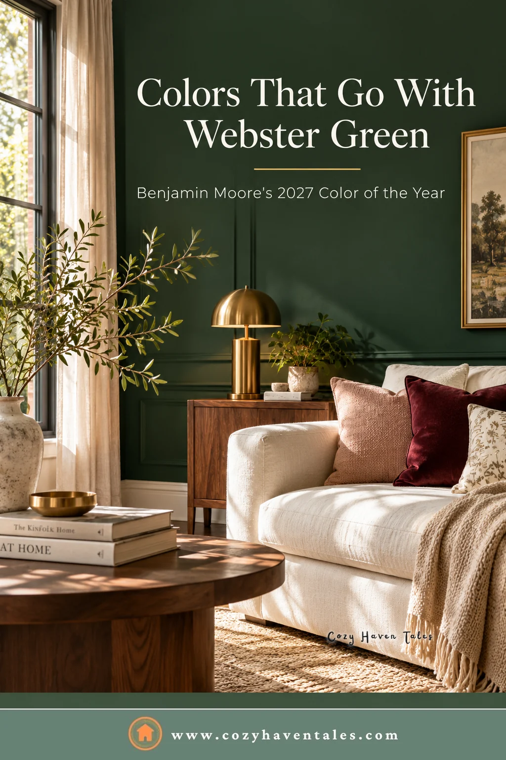 Colors that go with Webster Green title image with a deep green wall, a cream armchair, burgundy pillows, and a brass lamp