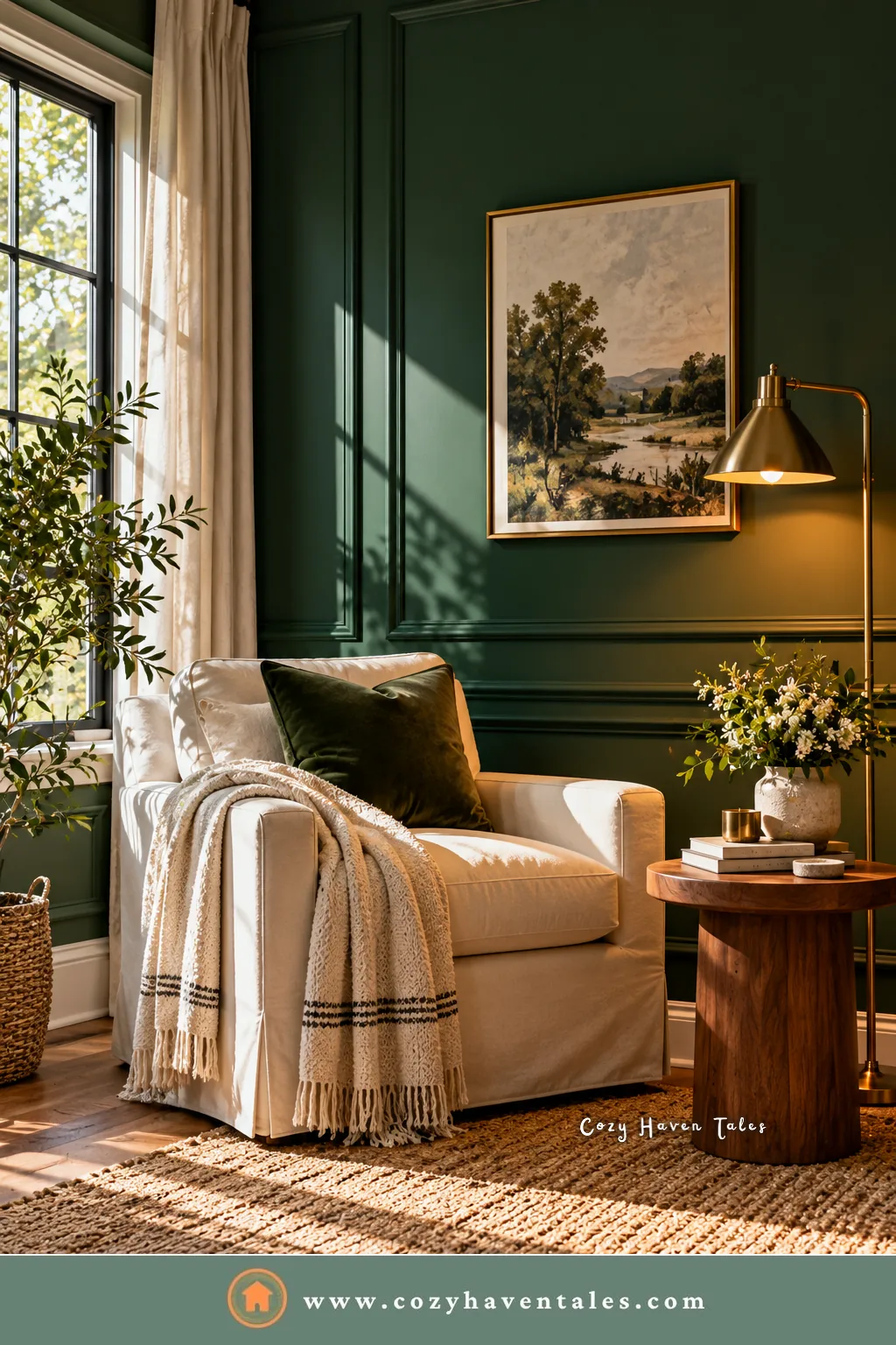 Deep green paneled wall in warm daylight with a cream slipcovered chair, a landscape painting, and a brass reading lamp, showing how light changes the colors that go with Webster Green