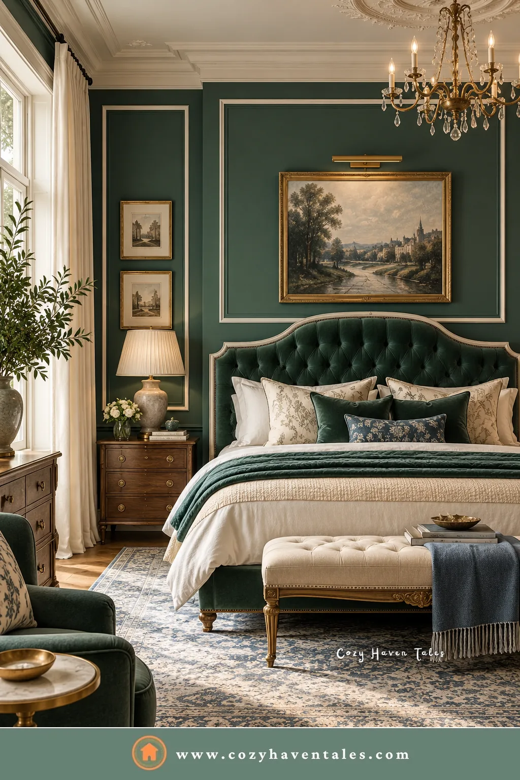 Deep green bedroom with white-trimmed wall panels, a tufted green headboard, and a gilt-framed landscape painting