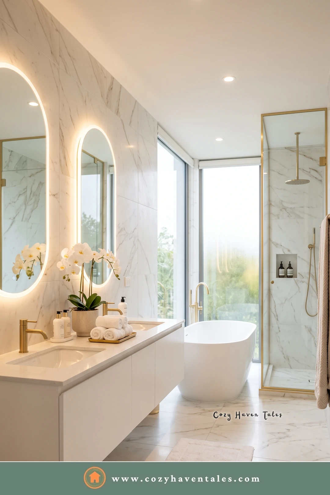 White bathroom with two backlit oval mirrors, white orchids, a floating vanity, and a gold-framed shower