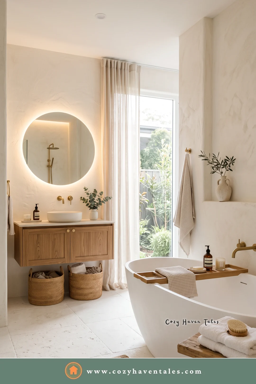 Bathroom with a backlit round mirror, a wood vanity, woven baskets, and a freestanding tub with a bath tray