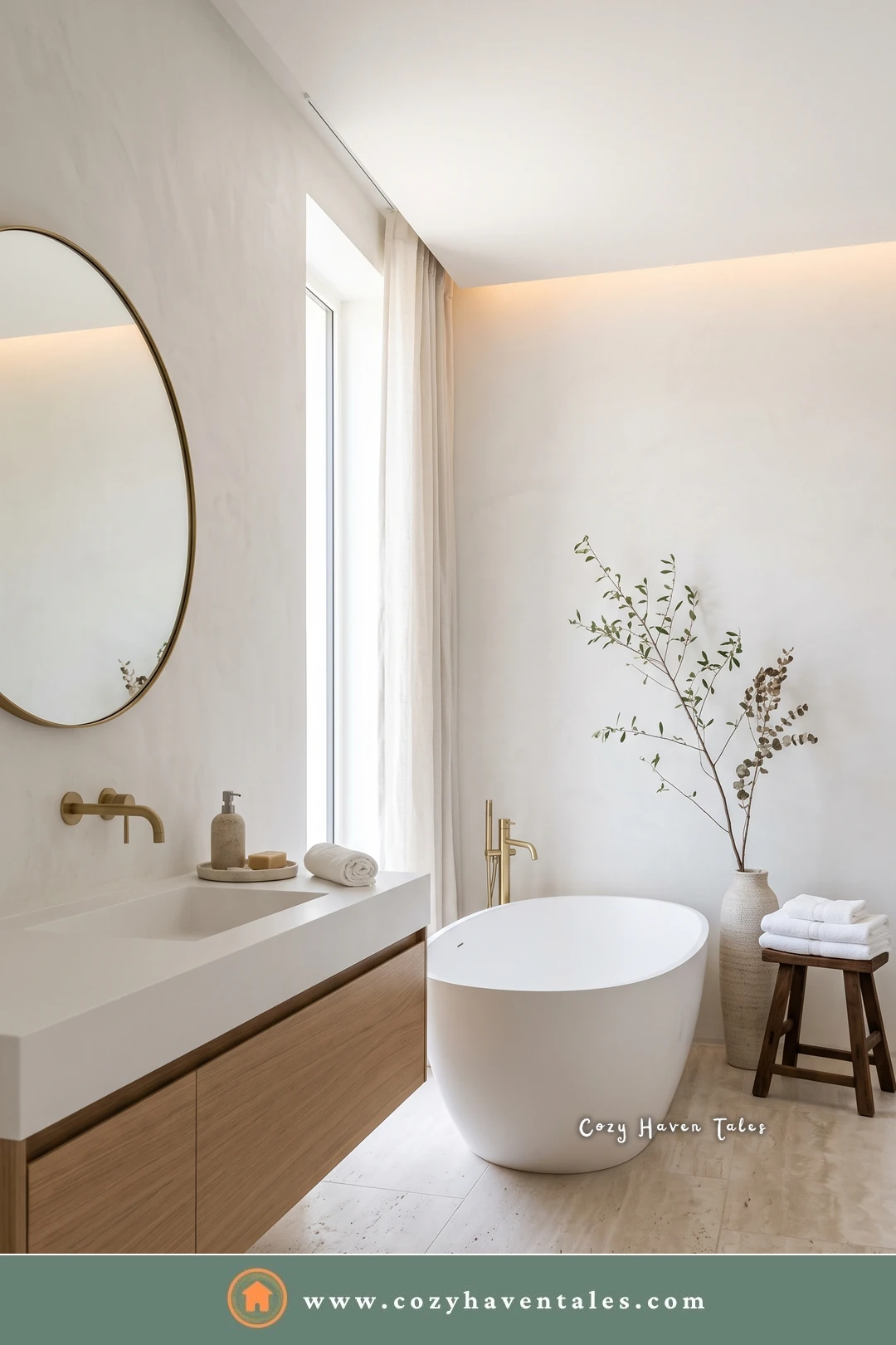 Minimal white bathroom with a round mirror, a floating wood vanity, a freestanding tub, and a single branch in a vase