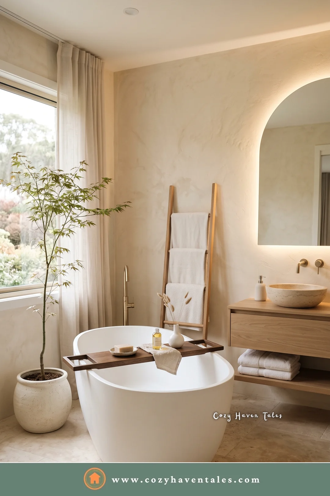 White bathroom with a wooden towel ladder, a backlit arched mirror, a freestanding tub, and a small tree in a pot