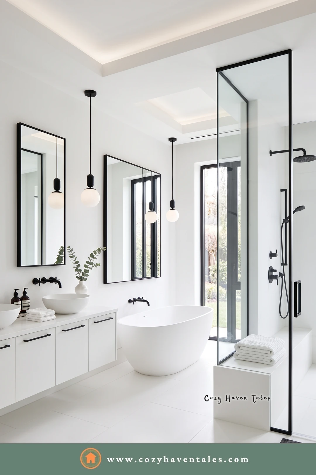 Bright white bathroom with two black-framed mirrors, black globe pendants, a double vanity, and a freestanding tub